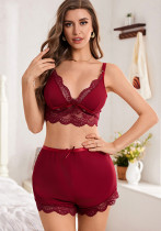 Women Sexy Lace V-Neck Suspender Top and Shorts Two-Piece Set