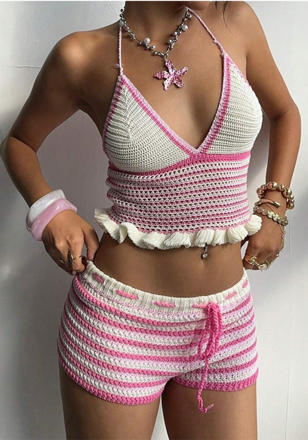 Women Solid Sexy V-Neck Beach Camisole Bikini Cover-Up Swimwear Two-Piece Set