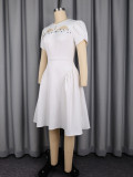 Women Hollow-Out Beaded Puff Sleeve Pleated Dress