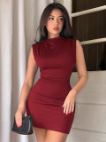 Women Sleeveless High-Neck Pleated Bodycon Dress Sexy Mini Dress