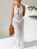 Women V-neck Backless Halter Neck Lace-up Hand Hollowed-out Side Slit Bodycon Beach Dress