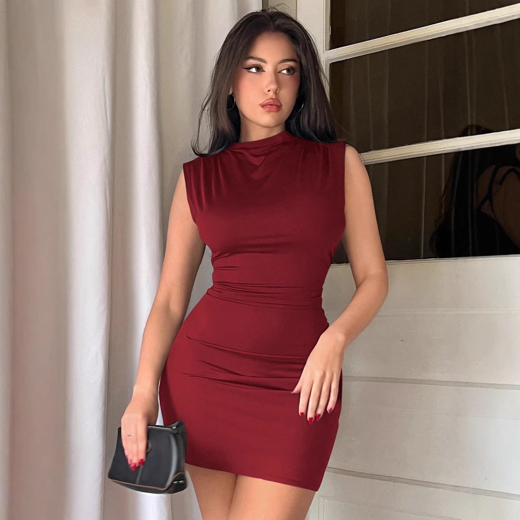 Women Sleeveless High-Neck Pleated Bodycon Dress Sexy Mini Dress