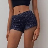 Women Blue Sexy Sequined Pearl Shimmering Bodycon Shorts
