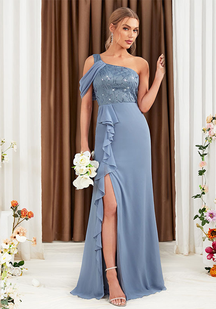 Women Slash Shoulder One-Shoulder Side Slit Dress