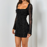 Women Sweetheart Neck See-Through Sexy Long-Sleeve Bodycon Dress