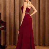 Women One-Shoulder Metallic Webbing Slit Prom Bridesmaid Evening Dress