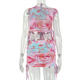 Women Printed Holiday Slash Shoulder Crop Top Two-Piece Skirt Set