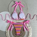 Women Striped Halter Neck Tie Two-Piece Bikini Swimsuit