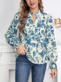 Spring / Autumn Women V-Neck Printed Bell Sleeve Loose Long Sleeve Shirt