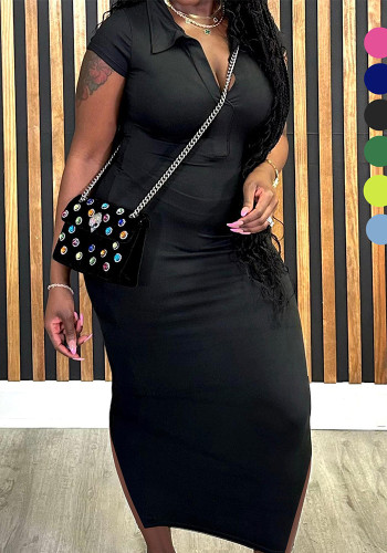 Women Summer Turndown Collar Sexy Short-Sleeved Knitting Bodycon Dress