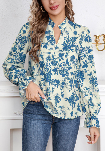 Spring / Autumn Women V-Neck Printed Bell Sleeve Loose Long Sleeve Shirt