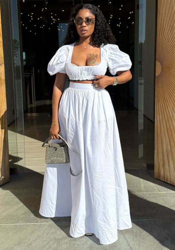 Women White Square Neck Puff Sleeve Crop Top and Skirt Two-Piece Set