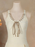Women Sexy Solid Tie-Rope One-Piece Swimwear