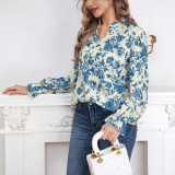Spring / Autumn Women V-Neck Printed Bell Sleeve Loose Long Sleeve Shirt