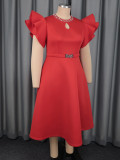 Women Plus Size Red Round Neck Cutout Flutter Sleeve Slim-Waist Chic Formal Midi Dress