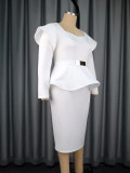 Women Plus Size Ruffle Sleeve Faux Two-Piece Slim-Waist Metal Buckle Career Dress