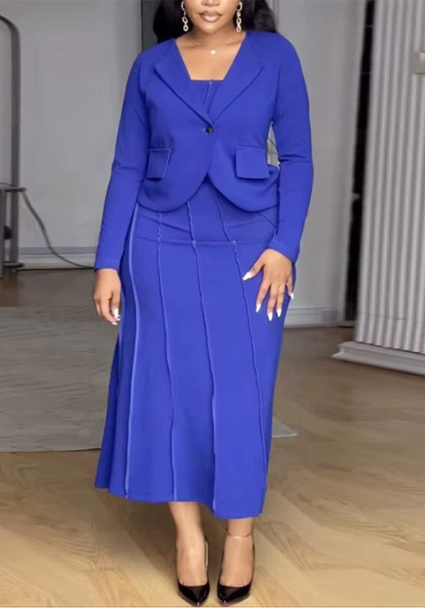 Women Plus Size Square Neck Strap Dress with Jacket Slim-Fit Chic Career Dress