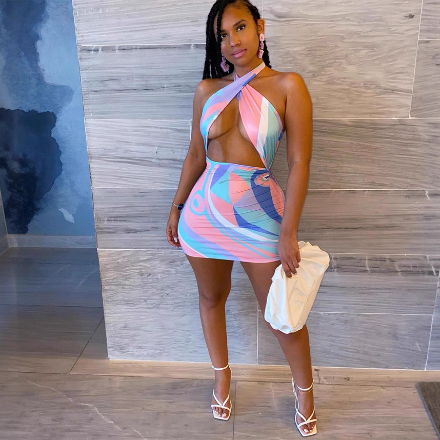 Women Summer Sexy Crossover Halter Neck Drawstring Dress