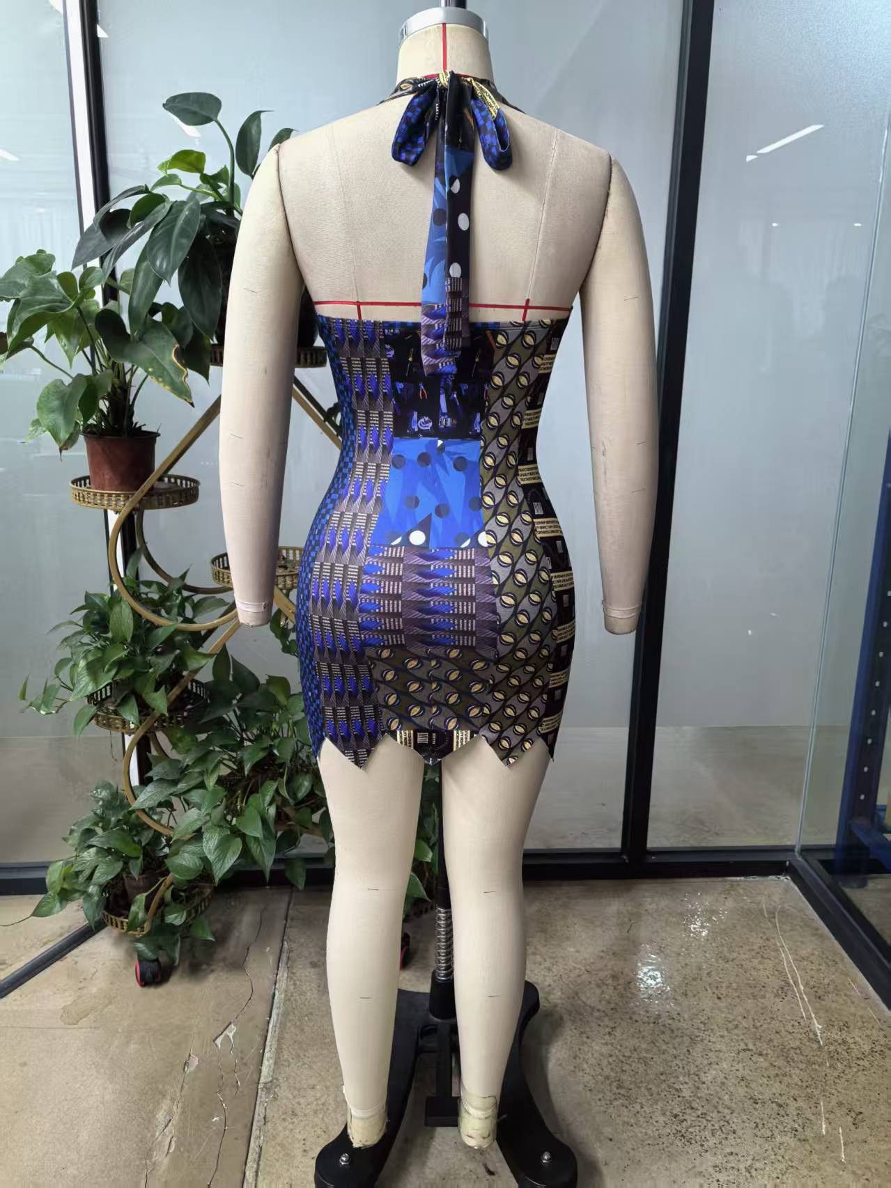 Women Halter Neck Sleeveless Bohemian Printed Irregular A-Line Dress