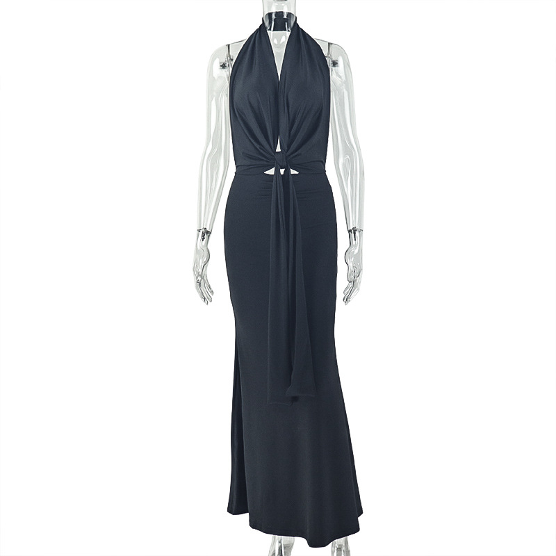 Women Slim-Waist Ruched Lace-Up Halter Neck Low-Back Maxi Dress