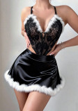 Women Black Lace Furry Mini Nightgown with Panties Sexy Lingerie