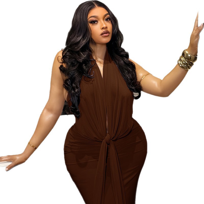 Women Slim-Waist Ruched Lace-Up Halter Neck Low-Back Maxi Dress