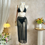 Solid Color Mesh Beach Cover-Up Three-Piece Bikini Swimsuit
