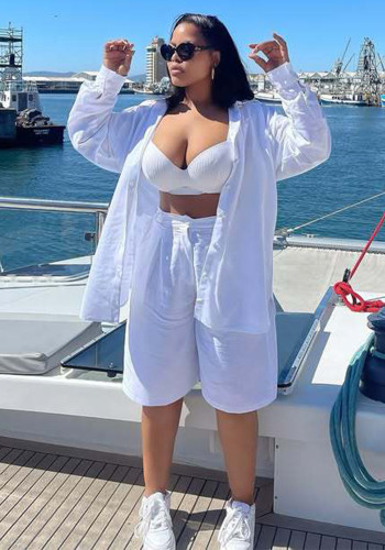 Plus Size Women Casual Button Pocket Shirt and Shorts Two-Piece Set