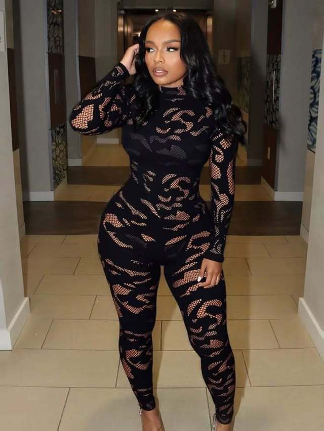 Women Long-Sleeved Hollow-Out Sexy Jumpsuit