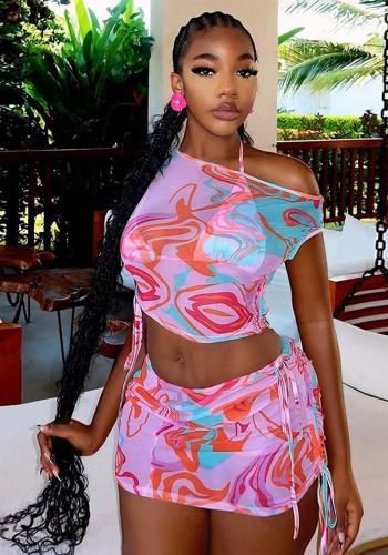 Women Printed Holiday Slash Shoulder Crop Top Two-Piece Skirt Set