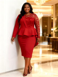 Women Plus Size Red Lace Long Sleeve Ruffle Slim-Waist Wedding Mother Dress