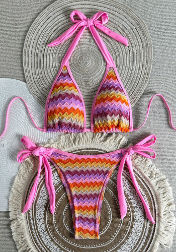 Women Striped Halter Neck Tie Two-Piece Bikini Swimsuit
