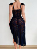 Lace Mesh Strap Dress Deep-V See-Through Seductive Night Dress