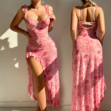 Sexy Printed Low-Back Slit Seductive Night Dress