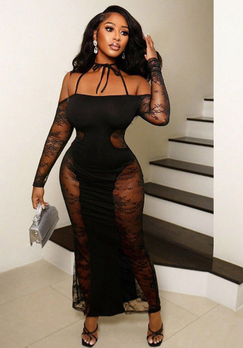 Women Spring / Summer Halter Neck Cutout Lace Long Sleeve Bodycon Dress
