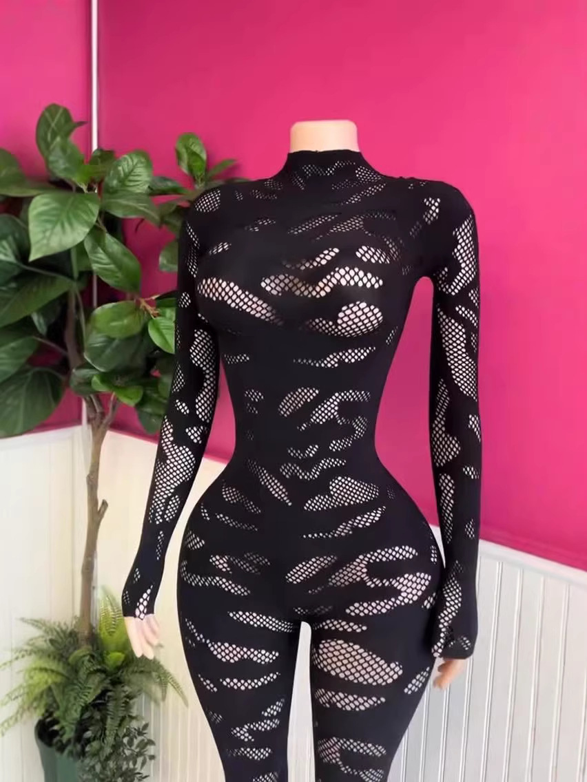 Women Long-Sleeved Hollow-Out Sexy Jumpsuit
