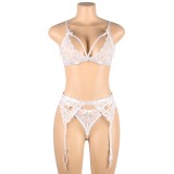 Plus Size Sexy Deep-V Open-Back Garter Three-Piece Lingerie Set