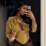 Women Autumn/Winter Zipper Long-Sleeved Round Neck Solid Pleated Pu-Leather Jacket