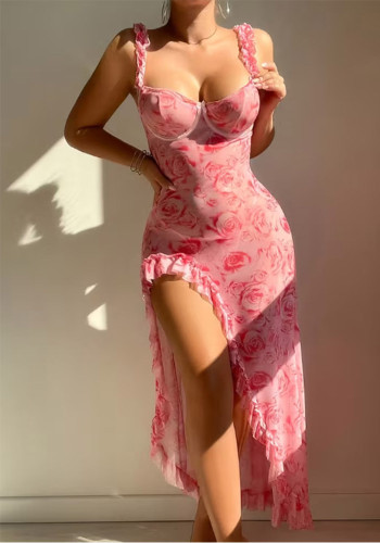 Sexy Printed Low-Back Slit Seductive Night Dress