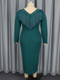 Women Plus Size Beaded Fringe V-Neck Long Sleeve Bodycon Maxi Formal Party Dress