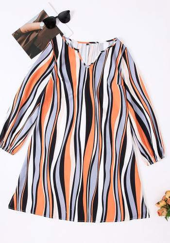 Autumn Women Striped Chic V-Neck Midi Dress