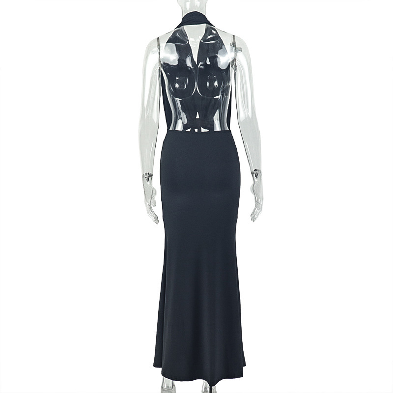 Women Slim-Waist Ruched Lace-Up Halter Neck Low-Back Maxi Dress