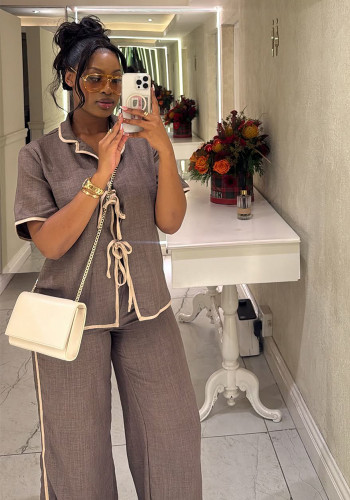 Women Lace-Up Patchwork Color-Blocked Short-Sleeve Shirt and Wide-Leg Trousers Two-Piece Set