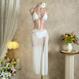 Solid Color Mesh Beach Cover-Up Three-Piece Bikini Swimsuit
