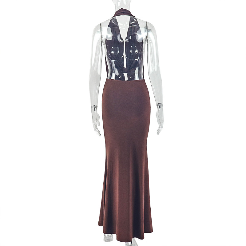 Women Slim-Waist Ruched Lace-Up Halter Neck Low-Back Maxi Dress