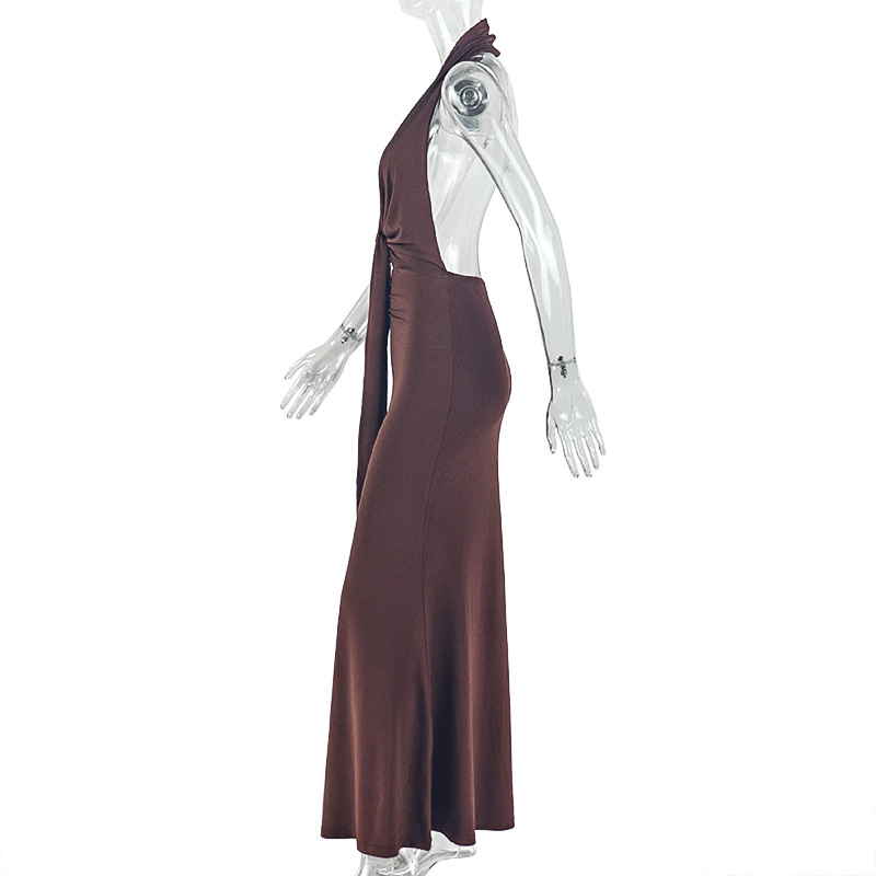 Women Slim-Waist Ruched Lace-Up Halter Neck Low-Back Maxi Dress