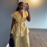 Women Autumn V-Neck Tie-Waist Sleeveless Top and Wide-Leg Pants Two-Piece Set