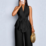 Women Chic Elegant Solid Sleeveless Top & Wide-Leg Pants Two-Piece Set