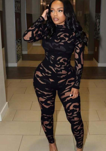 Women Long-Sleeved Hollow-Out Sexy Jumpsuit