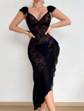 Lace Mesh Strap Dress Deep-V See-Through Seductive Night Dress